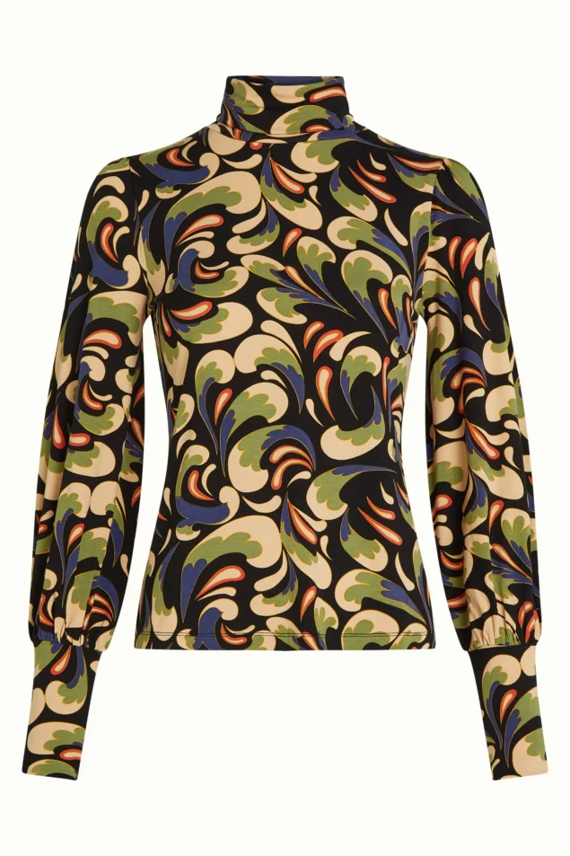 Kinglouie-Ricky Top Rumble Farbe Black - Rumble Setze ein Statement mit unserem Ricky Top – mit weiten Puffärmeln samt Manschetten, hohem Kragen und 70s-inspiriertem Muster. Rollkragen Lange Ärmel mit Bündchen Viskose Jersey Stretch Graphic Druck