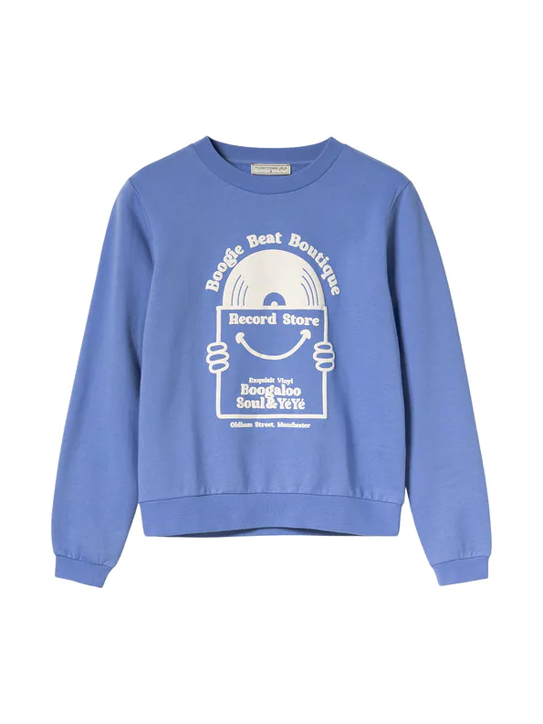 Mademoiselle YéYé-Sweatshirt aus Bio-Baumwolle Farbe/Muster: Persian Blue Für alle, die den Duft von Vinyl lieben! Nachhaltig und GOTS zertifiziert Extra weiche, angeraute Innenseite Normale Passform Rundhalsausschnitt Lange Ärmel mit Bündchen Großer Aufdruck vorne 100% Baumwolle (organic) GOTS zertifziert