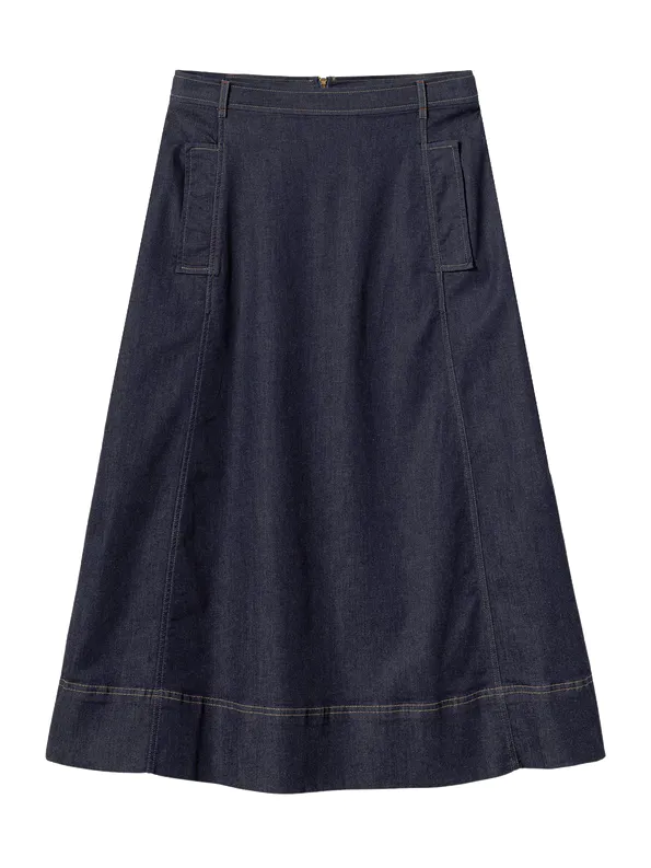 Mademoiselle YéYé-Ausgestellter Jeans Rock aus Bio-Baumwolle Coffee Flirt Skirt Farbe/Muster: Indigo Blue Ausgestellt und lässig: Dieser Jeansrock mit Trench-Taschen passt perfekt zur Strumpfhose und zu Stiefeln. Nachhaltig und GOTS zertifiziert Denim mit Stretch Ausgestellte, schwingende Silhouette Reißverschluss hinten Breite Leistentaschen Gürtelschlaufen 98% Baumwolle (organic), 2% Elasthan GOTS zertifiziert