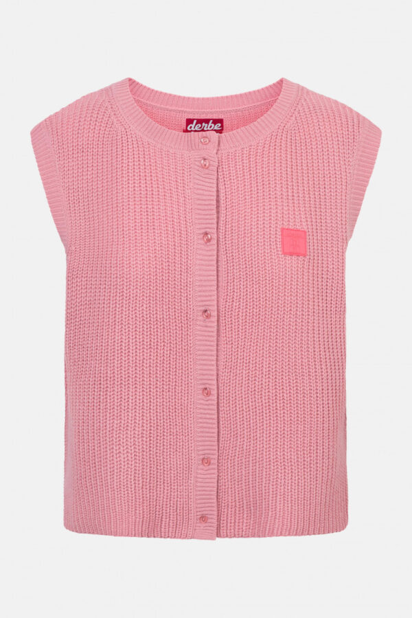 Derbe-Strickweste Basic Strick Rosa Lockere Strickweste Knopfleiste vorne Markanter Patch auf der Brust Das Model ist 176 cm groß und trägt Größe M Material: 100% Polyester (POLYLANA®)