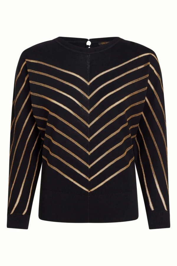 Zeitloser, locker sitzender Stricktop mit elegantem Schlaufenverschluss am Rücken. Aus Baumwolle, Kaschmir und goldenem Lurex gefertigt.