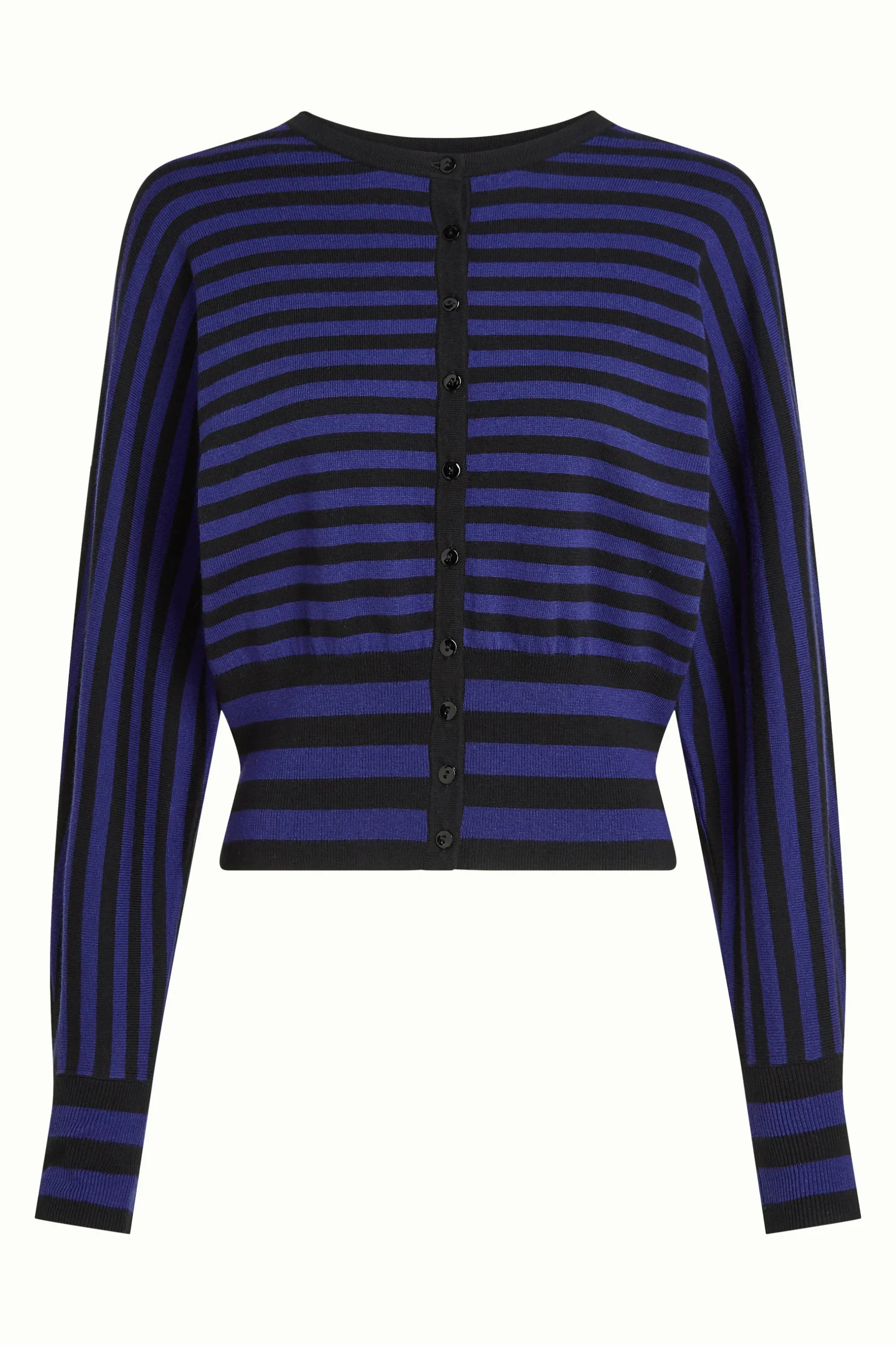 Diese Baumwoll-Strickjacke ist aus elastischem Stoff gefertigt – mit Streifenmuster, Dolman-Ärmeln, Rundhalsausschnitt und Knopfleiste – bequem und easy zu stylen.