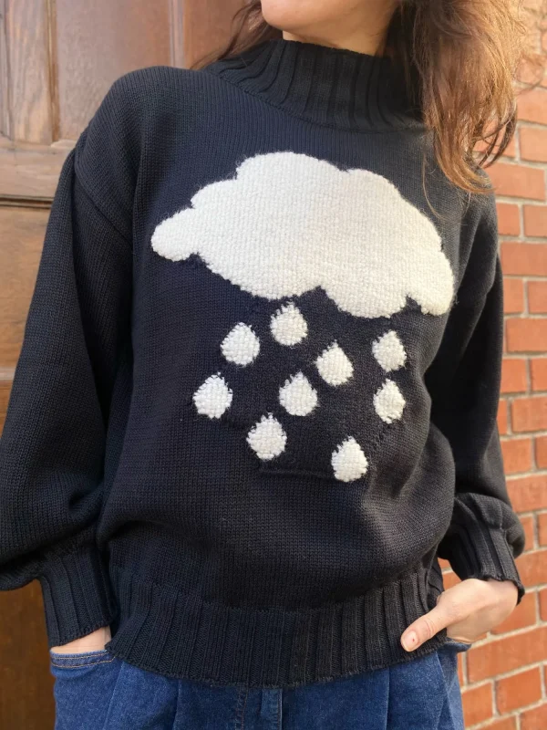 Strickpullover mit Wolke aus Bio-Baumwolle Weicher, dicker Flachstrick Lässige Passform Normale Länge Lange Ärmel Turtleneckkragen Aufgestricktes Wolkendesign